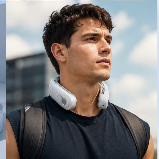 Man wearing COOLFLEX portable neck cooler fan in the city