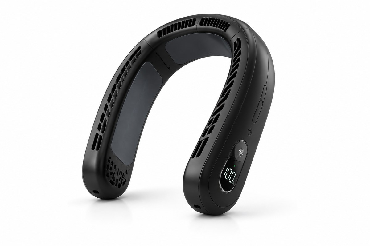 COOLFLEX neck cooler fan in black — bladeless personal neck air cooler, 360° vents